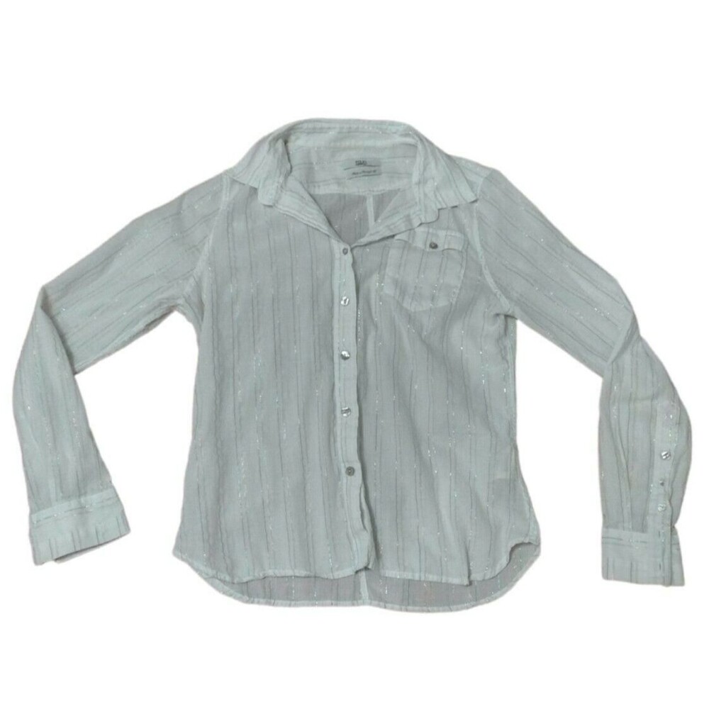 Edun Juniors Girls Large Blouse Long Sleeve White W/ Blue Pink Metallic READ